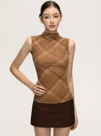 Anna aneae | Women's Slim Plaid Mock Neck Tank Top