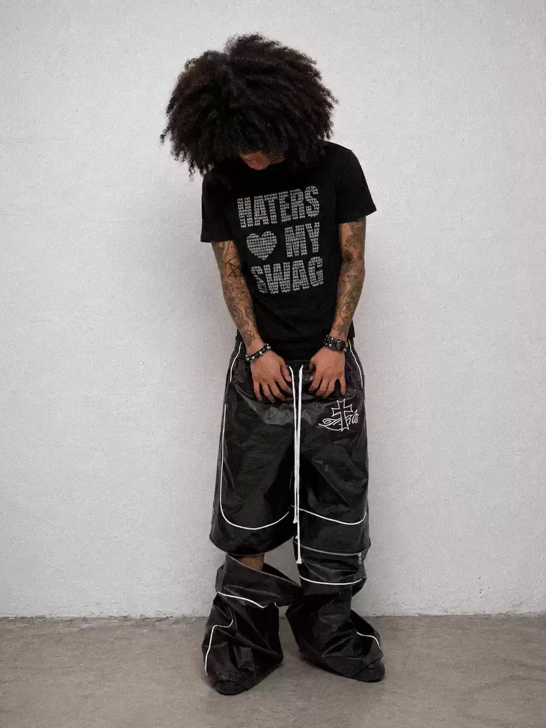 LoseControlEdge | Detachable Zipper Cross Detail PU Coated Baggy Pants