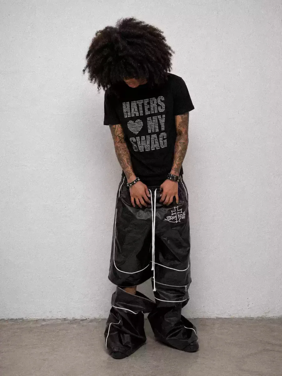 LoseControlEdge | Detachable Zipper Cross Detail PU Coated Baggy Pants - 2