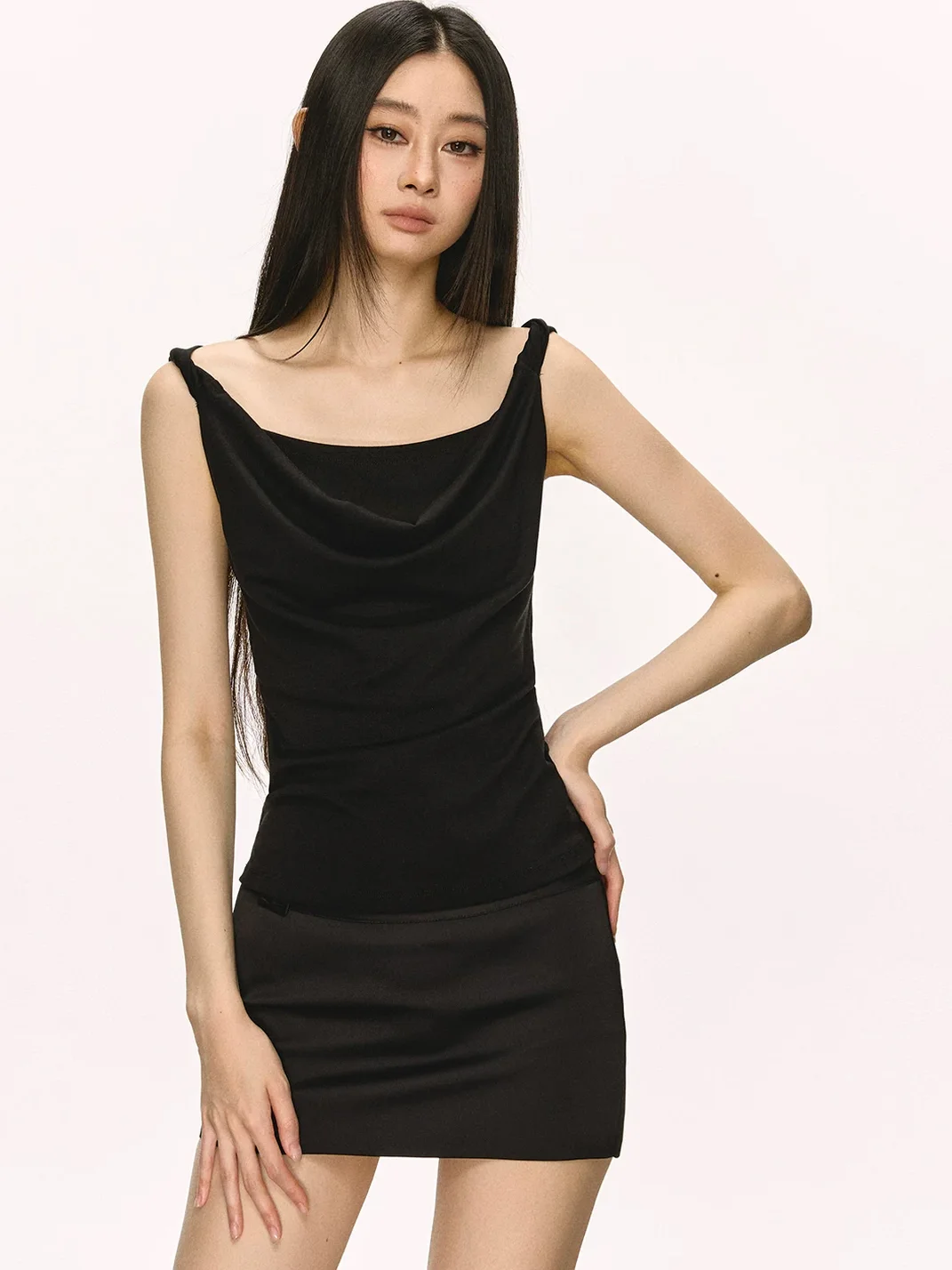 Anna aneae | Women's Asymmetrical Draped Neck Tie Strap Fitted Top