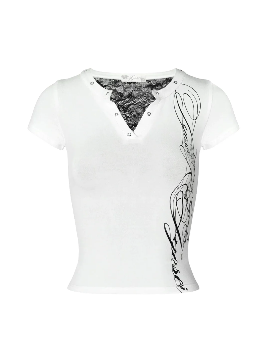 JYOSEI | Fitted Lace Cutout Graphic V-Neck T-Shirt