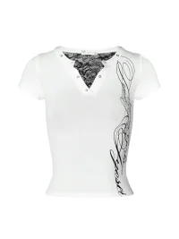 JYOSEI | Fitted Lace Cutout Graphic V-Neck T-Shirt