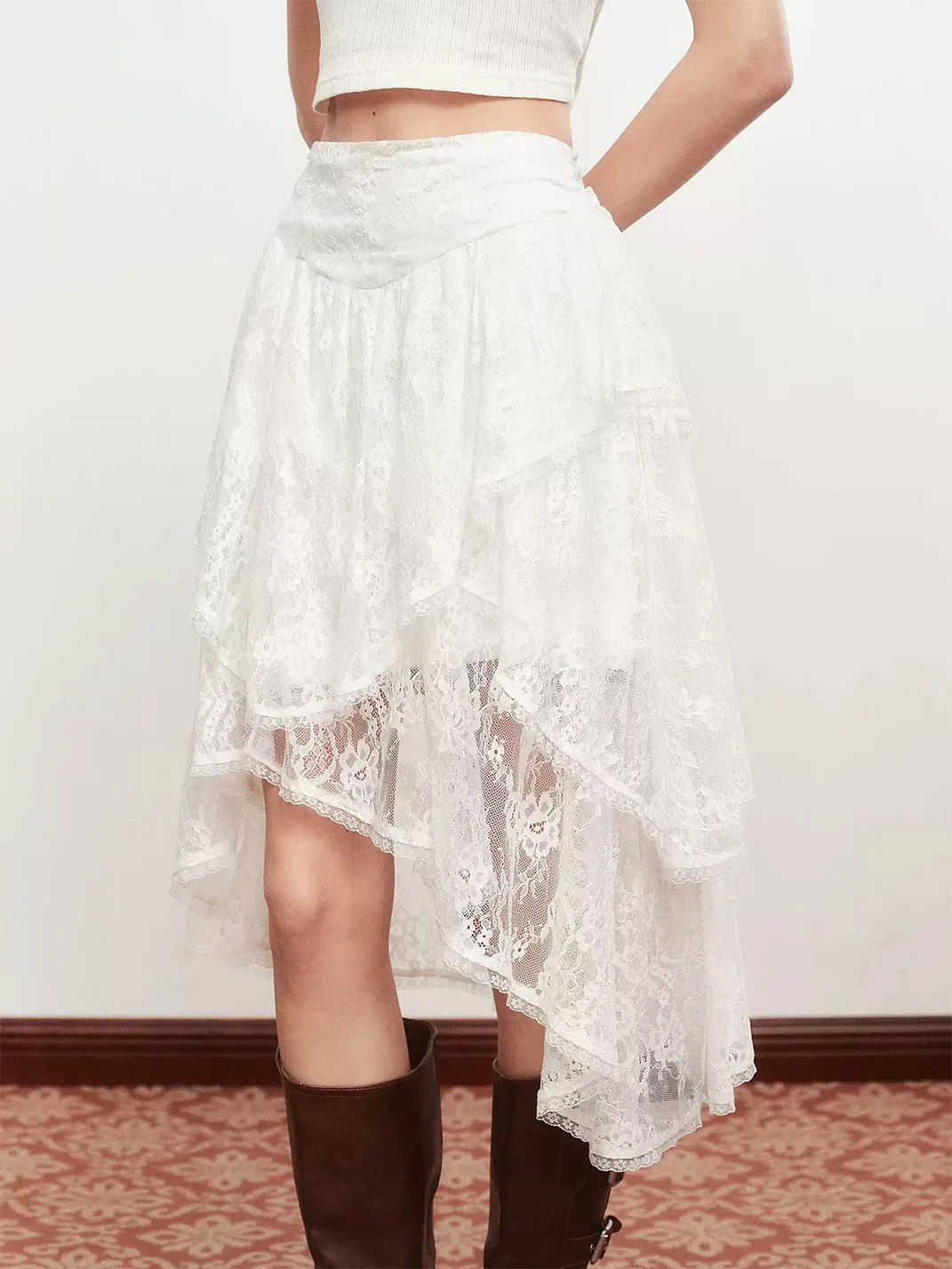 Ayo | Asymmetric Layered Lace Midi Skirt