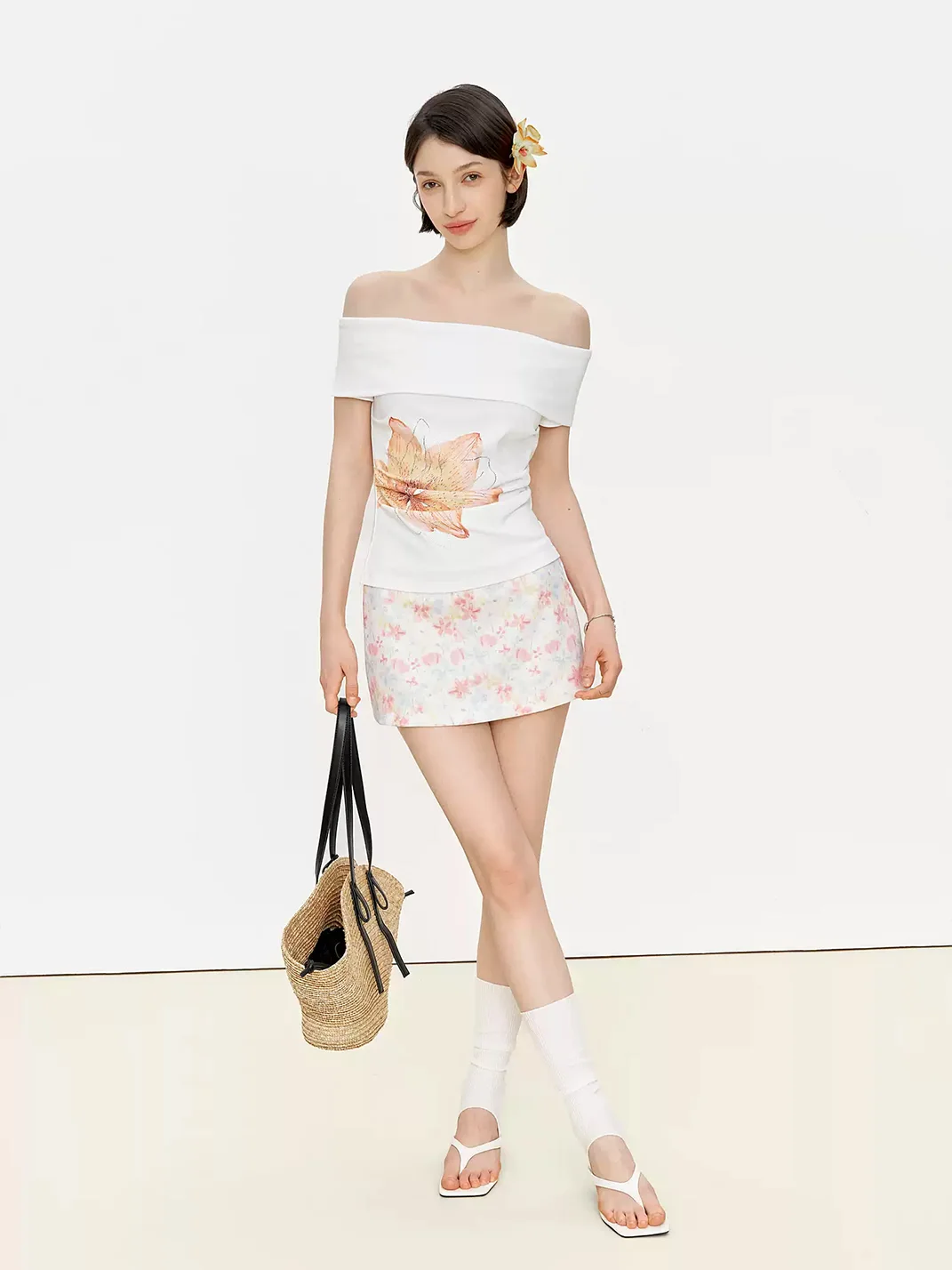 Ayo | Beaded Watercolor Floral Low-Rise A-Line Mini Skirt