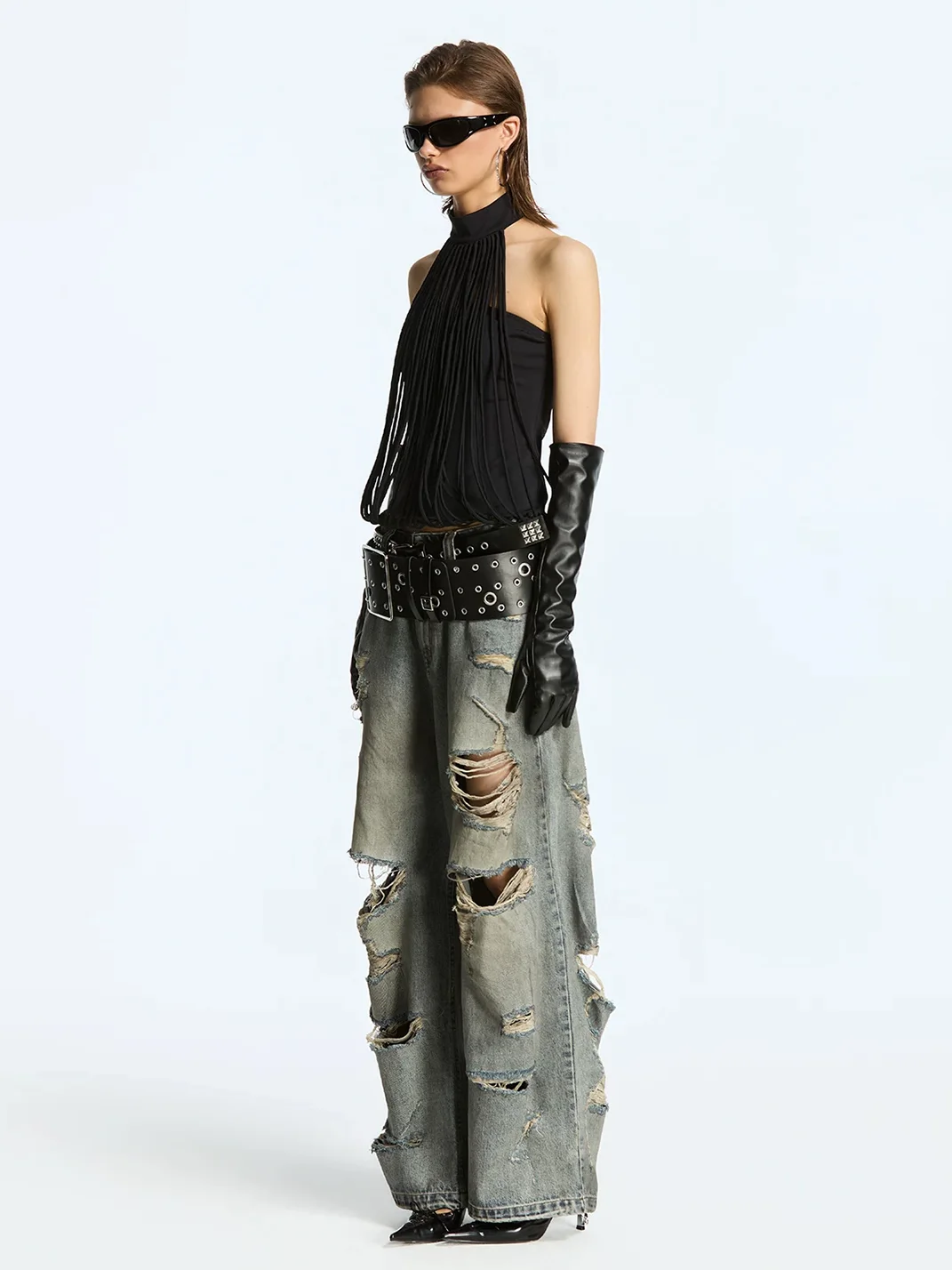 Latelylab | Black Fringed Halter Backless Top