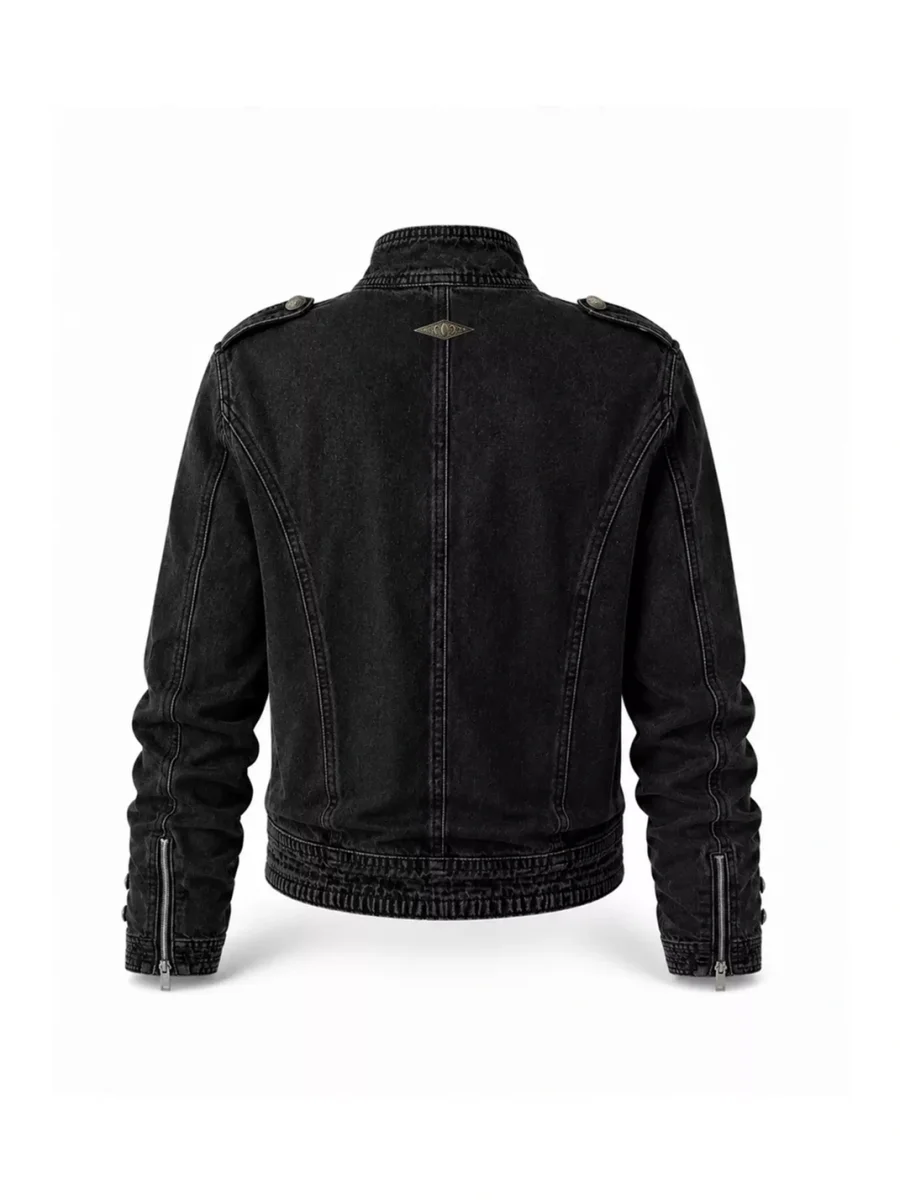 KARMANISTIC | Retro Washed Black Stand Collar Denim Jacket - 2