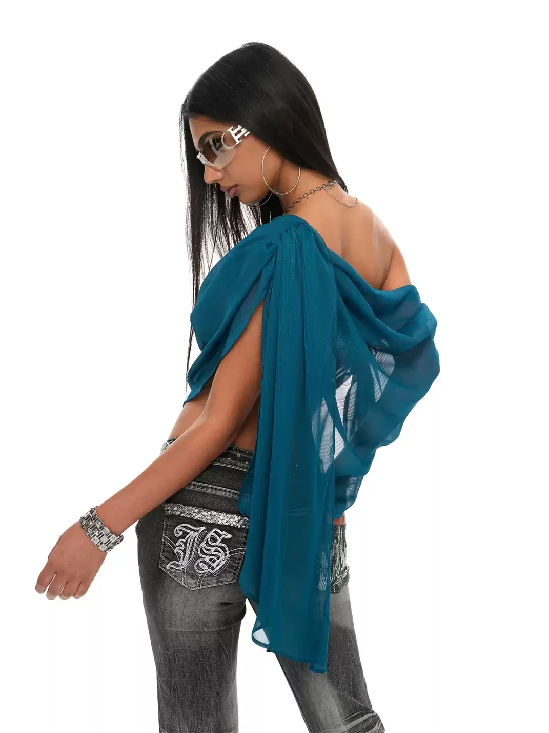 JYOSEI | Ruched Off-Shoulder Sheer Chiffon Top