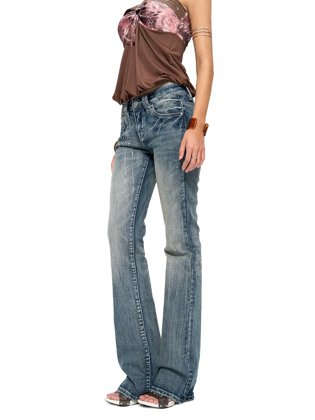 JYOSEI | Low Rise Rhinestone Flared Jeans