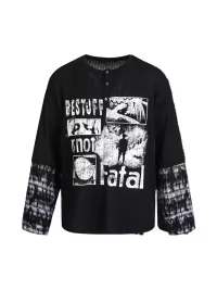 Wonderful Story | Ribbed Patchwork Printed Henley Sweatshirt
