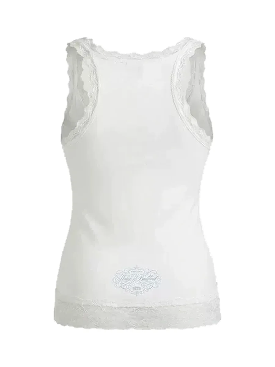 Koreansmallshops | Lace Trim Racerback Graphic Tank Top - 2