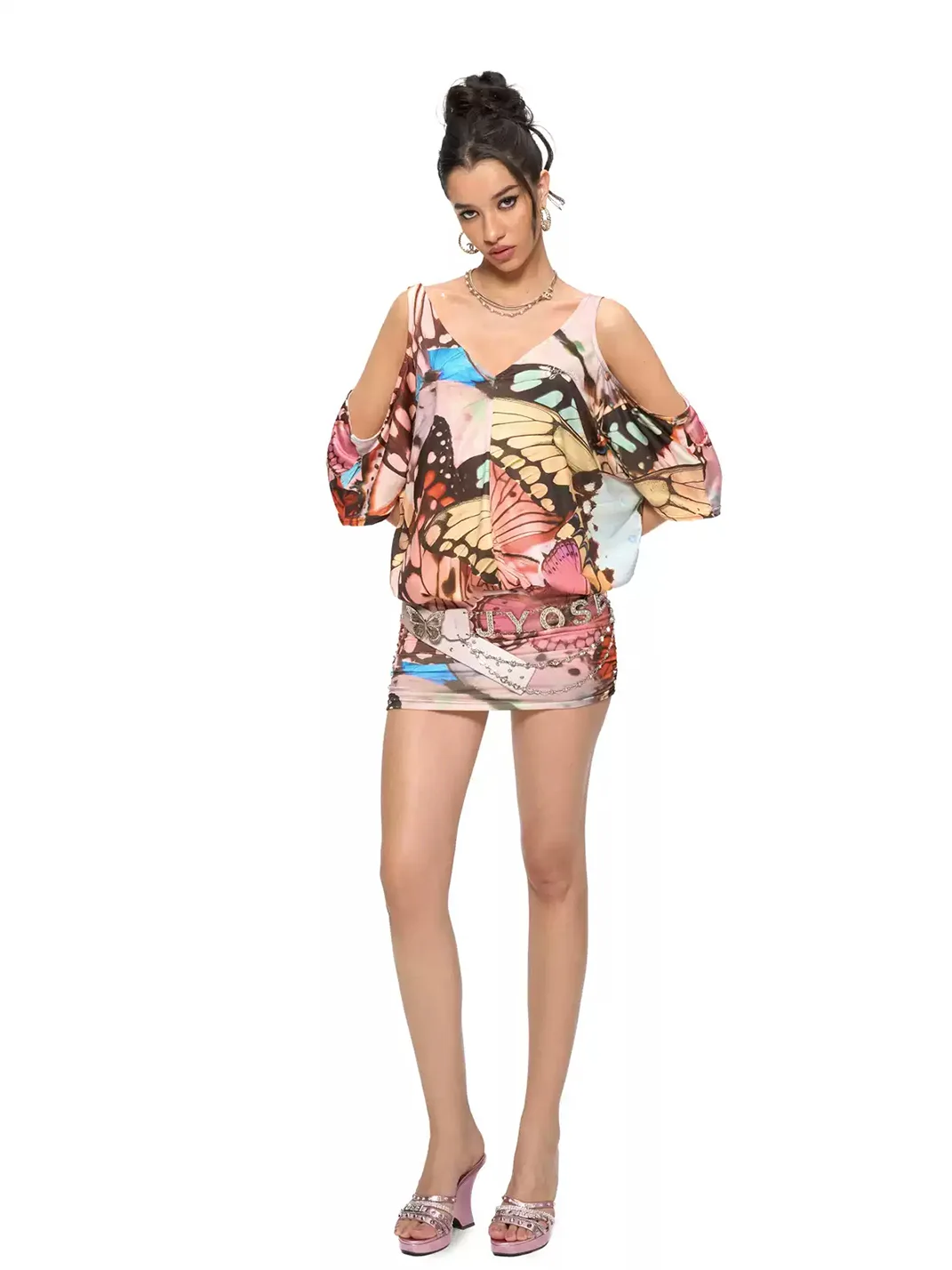 JYOSEI | Butterfly Print Off-Shoulder V-Neck Mini Dress