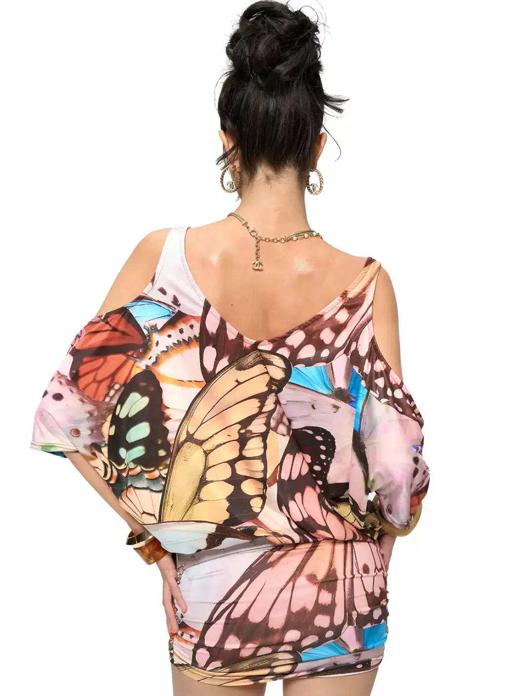 JYOSEI | Butterfly Print Off-Shoulder V-Neck Mini Dress