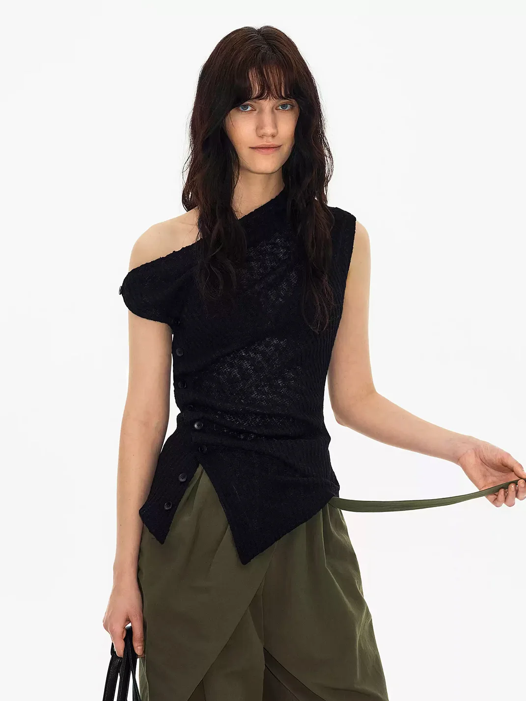 Ayo | Asymmetric One-Shoulder Button Knit Top