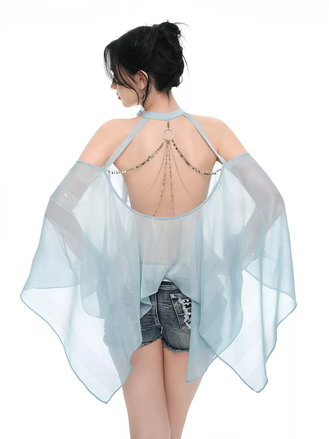 JYOSEI | Light Blue Sheer Chiffon Off-Shoulder Chain Top