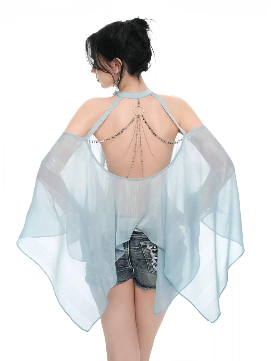 JYOSEI | Light Blue Sheer Chiffon Off-Shoulder Chain Top - 4