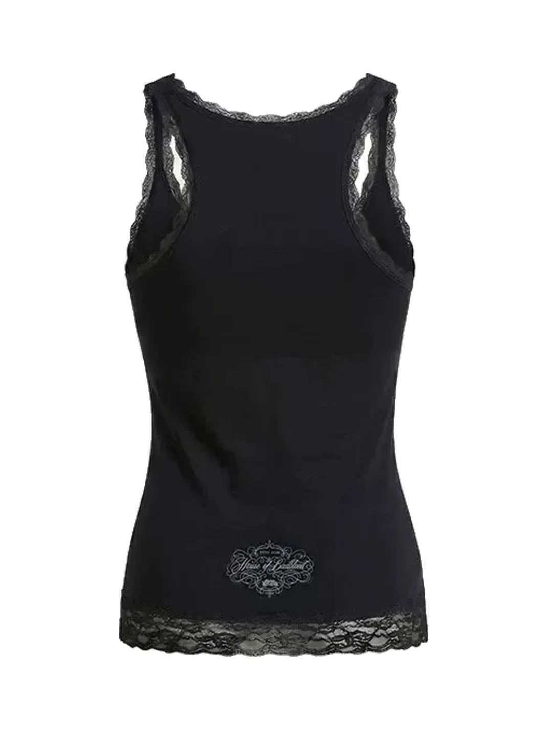 Koreansmallshops | Lace Trim Racerback Graphic Tank Top