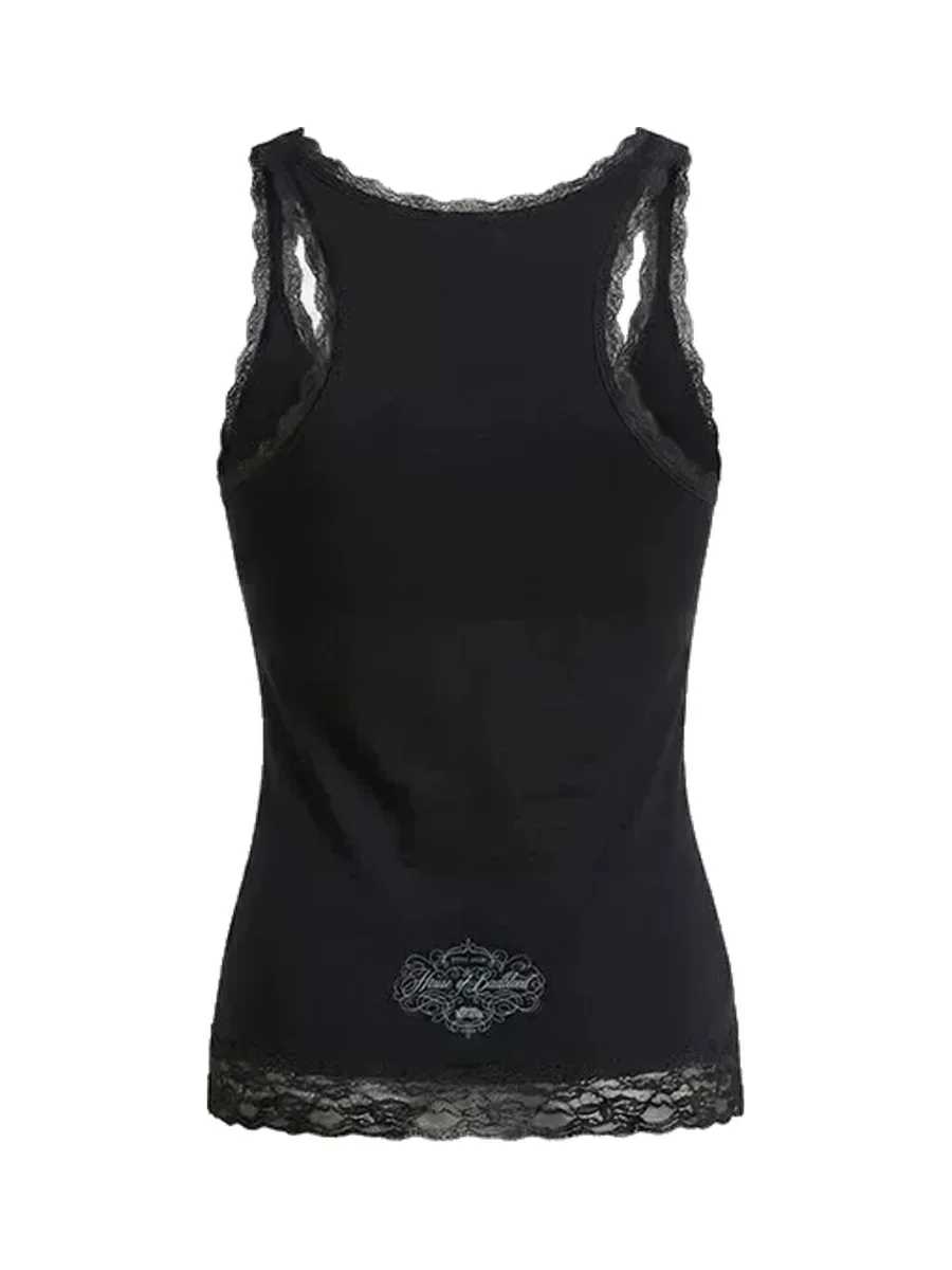 Koreansmallshops | Lace Trim Racerback Graphic Tank Top - 4