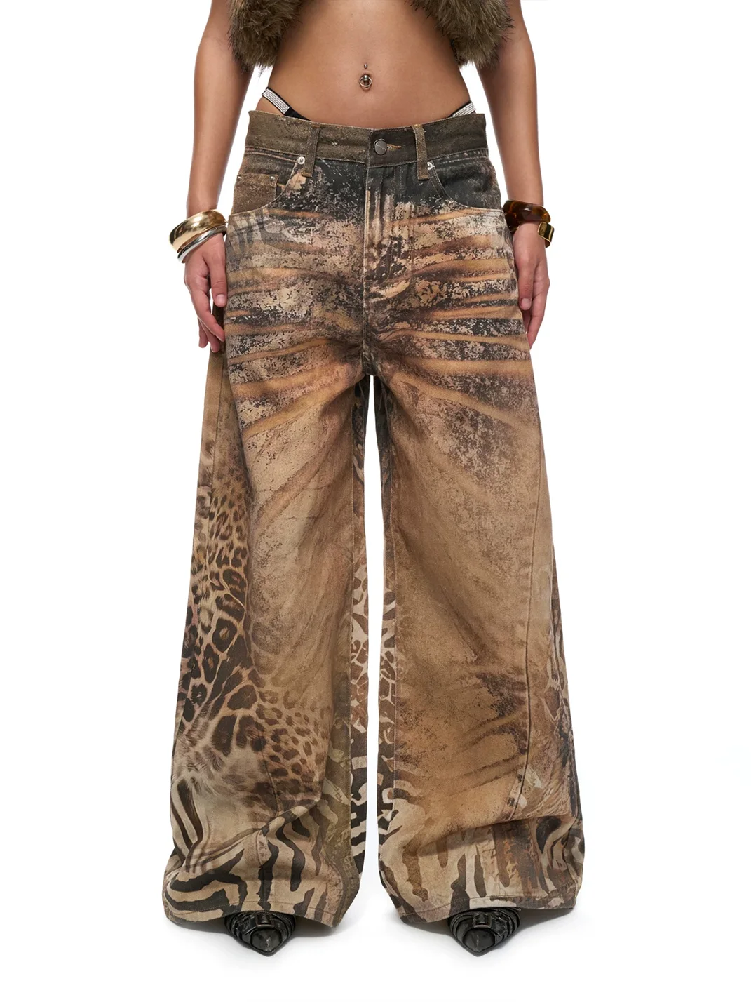 JYOSEI | Brown Animal Print Low-Rise Wide-Leg Jeans