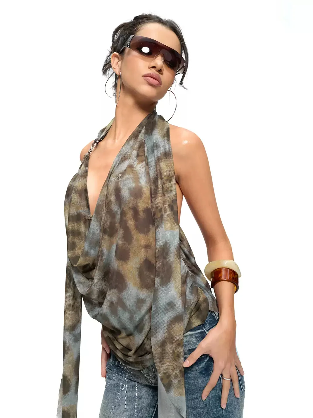 JYOSEI | Leopard Print Draped Backless Halter Top