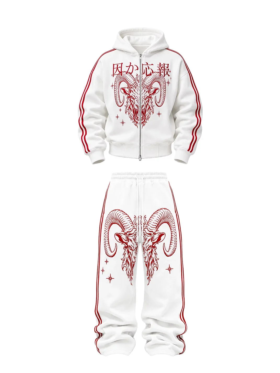 KARMANISTIC | Goat Head Embroidered Striped Sweatshirt & Sweatpants Set