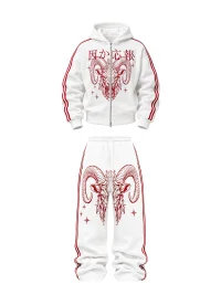 KARMANISTIC | Goat Head Embroidered Striped Sweatshirt & Sweatpants Set