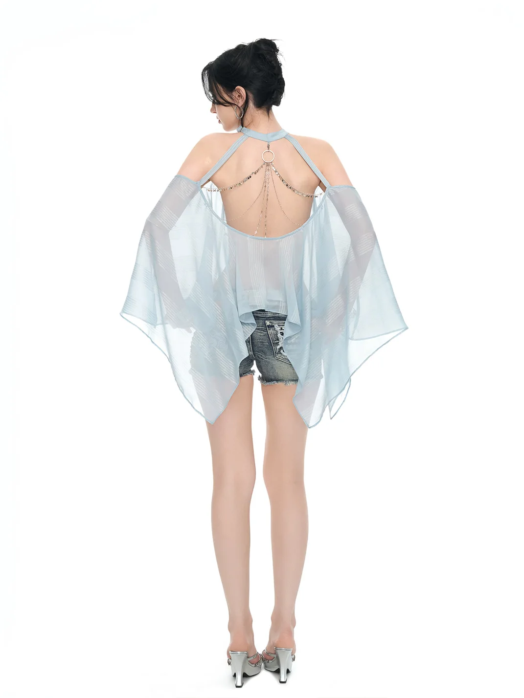 JYOSEI | Light Blue Sheer Chiffon Off-Shoulder Chain Top