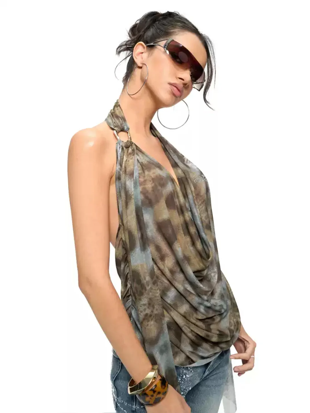 JYOSEI | Leopard Print Draped Backless Halter Top