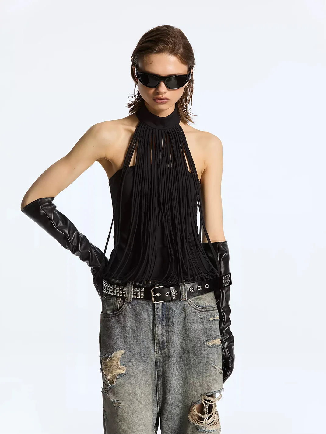 Latelylab | Black Fringed Halter Backless Top
