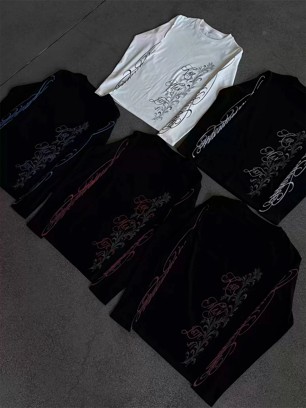 KARMANISTIC | Rhinestone Script Slim Fit Long Sleeve T-Shirt