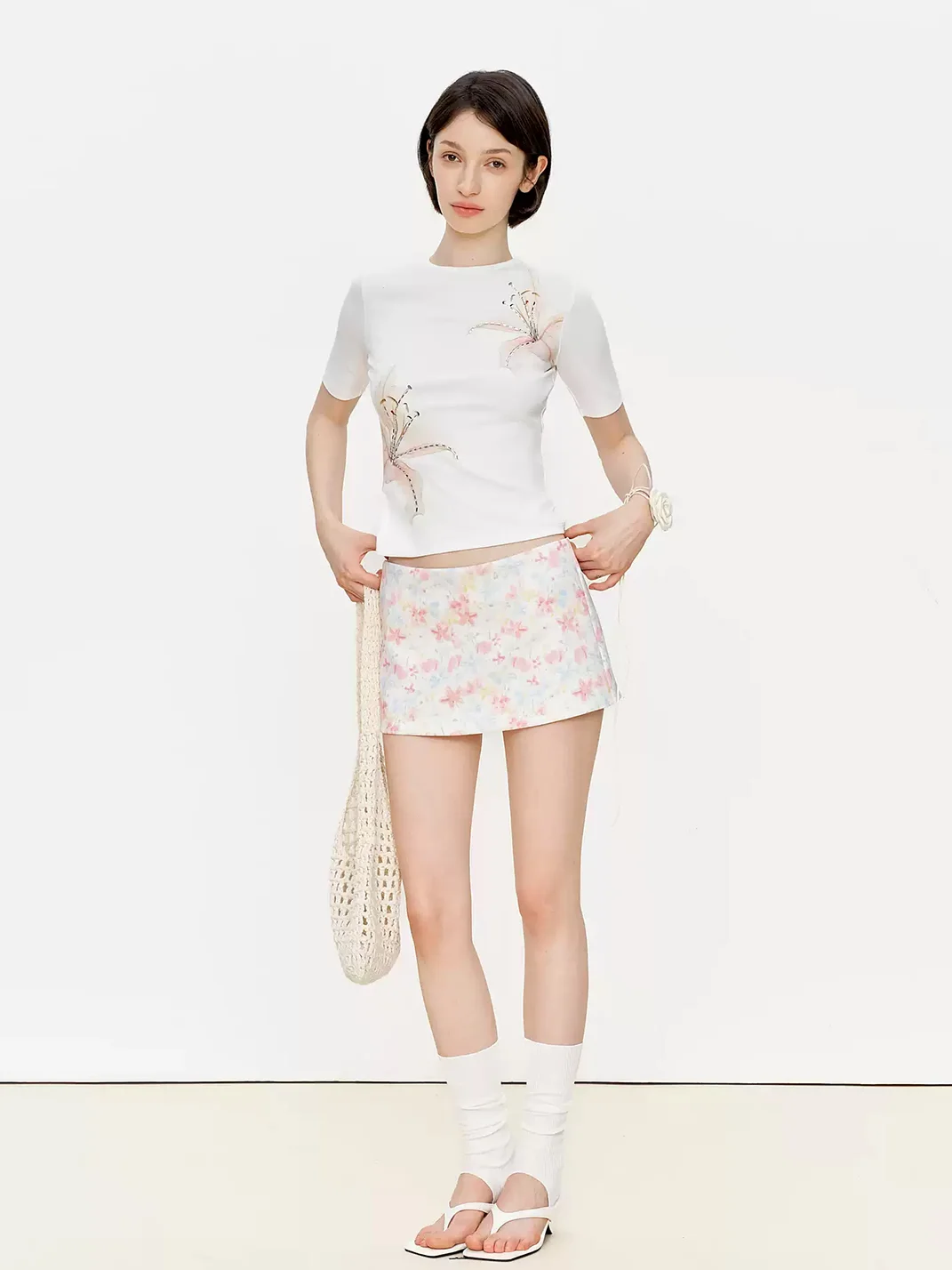 Ayo | Beaded Watercolor Floral Low-Rise A-Line Mini Skirt