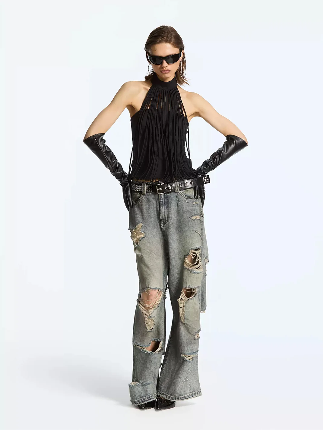 Latelylab | Black Fringed Halter Backless Top