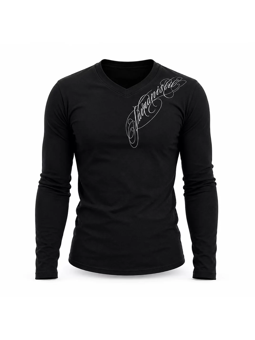 KARMANISTIC | Retro Script Print Slim V-Neck Long-Sleeve T-Shirt