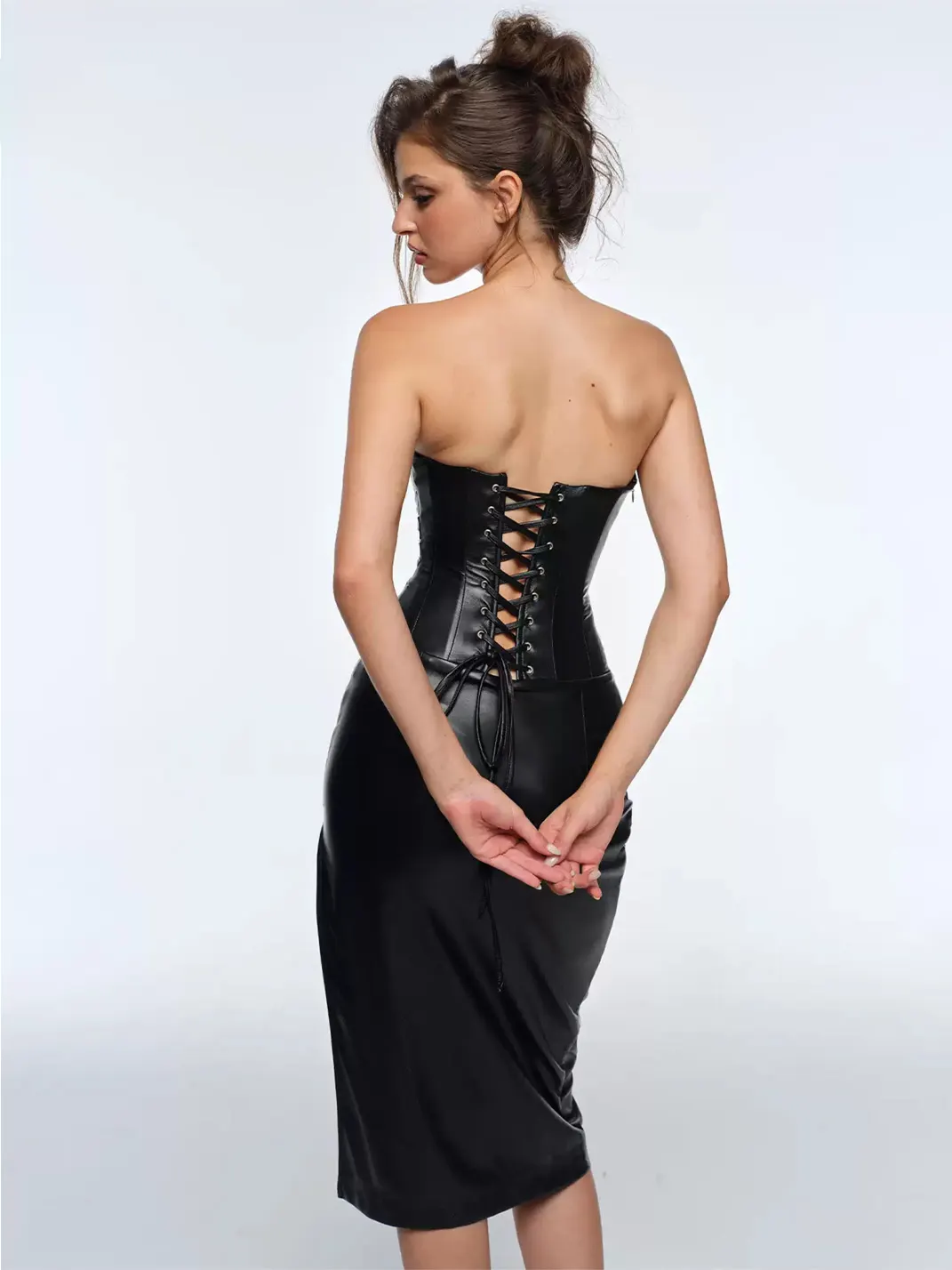 BUM STUDIO | Strapless Ruched PU Midi Dress