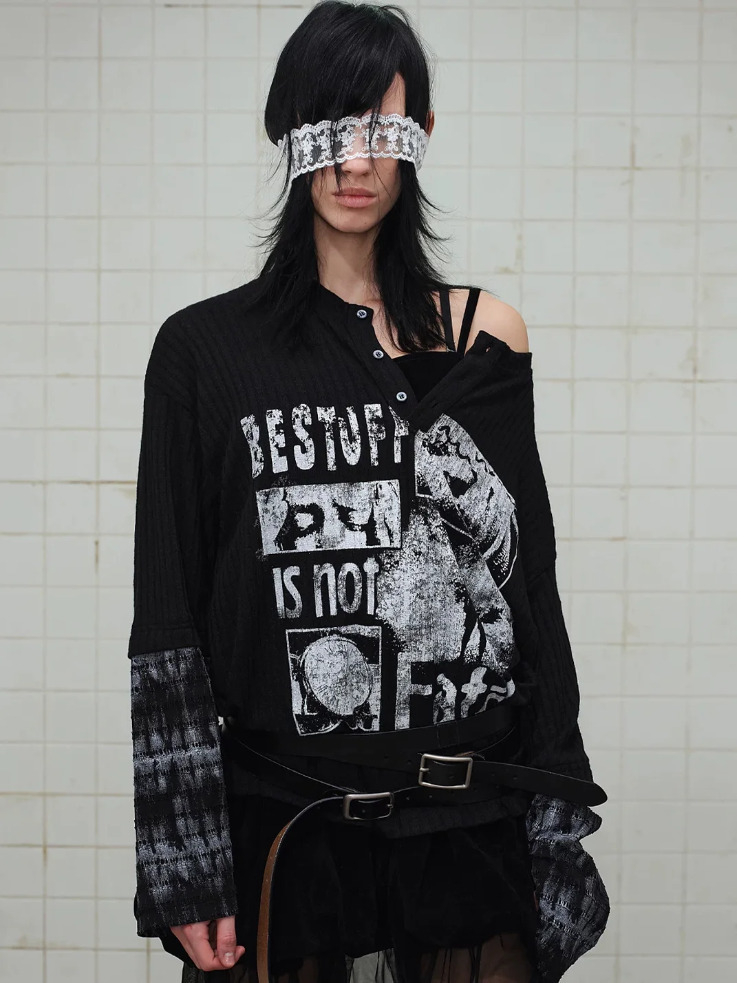 Wonderful Story | Ribbed Patchwork Printed Henley Sweatshirt