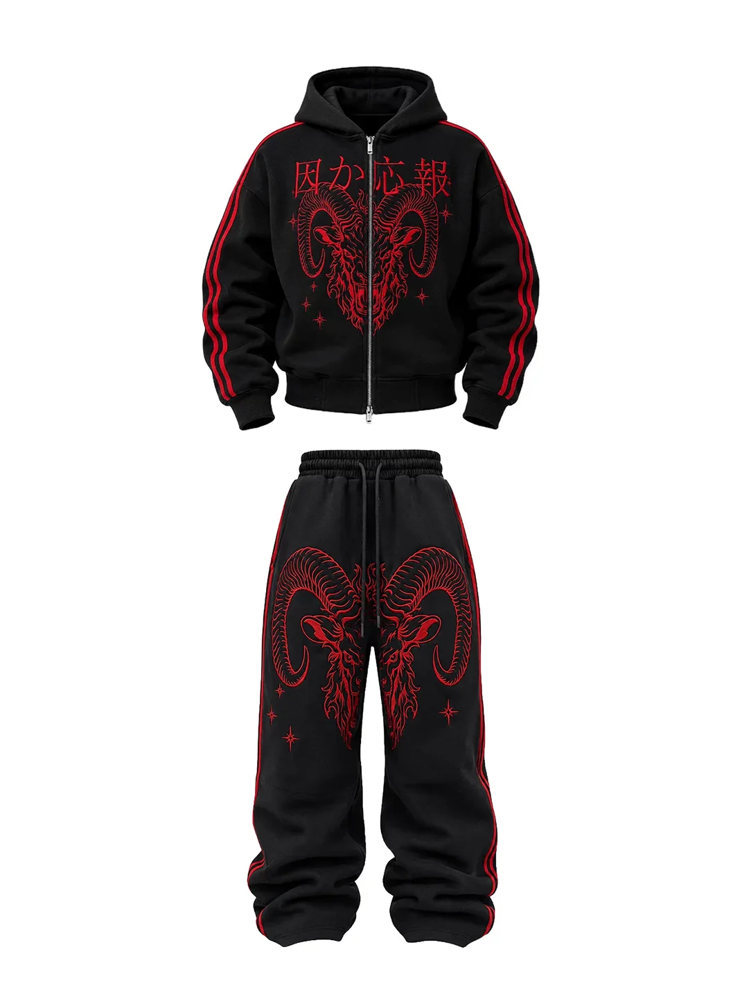 KARMANISTIC | Goat Head Embroidered Striped Sweatshirt & Sweatpants Set