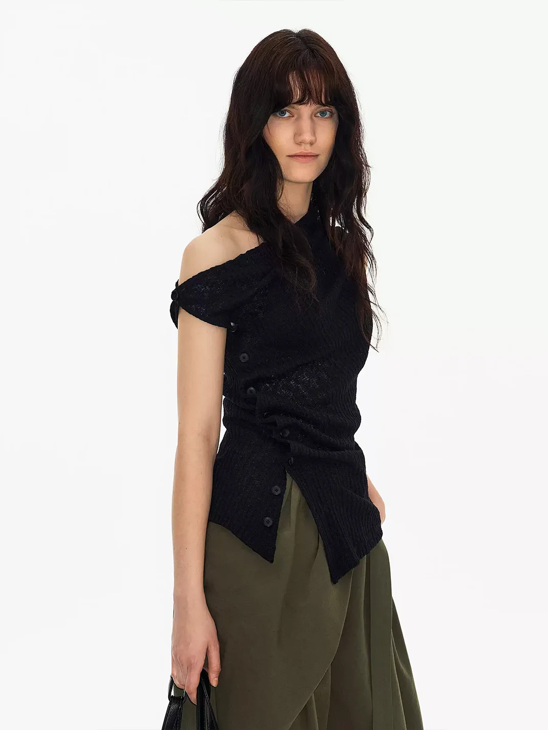 Ayo | Asymmetric One-Shoulder Button Knit Top