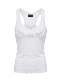 Koreansmallshops | Lace Trim Racerback Graphic Tank Top