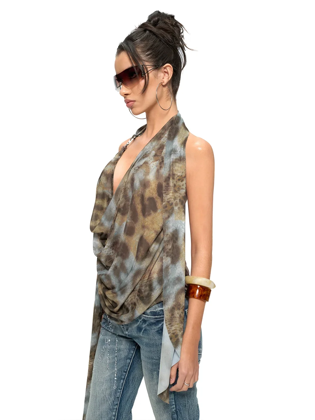 JYOSEI | Leopard Print Draped Backless Halter Top