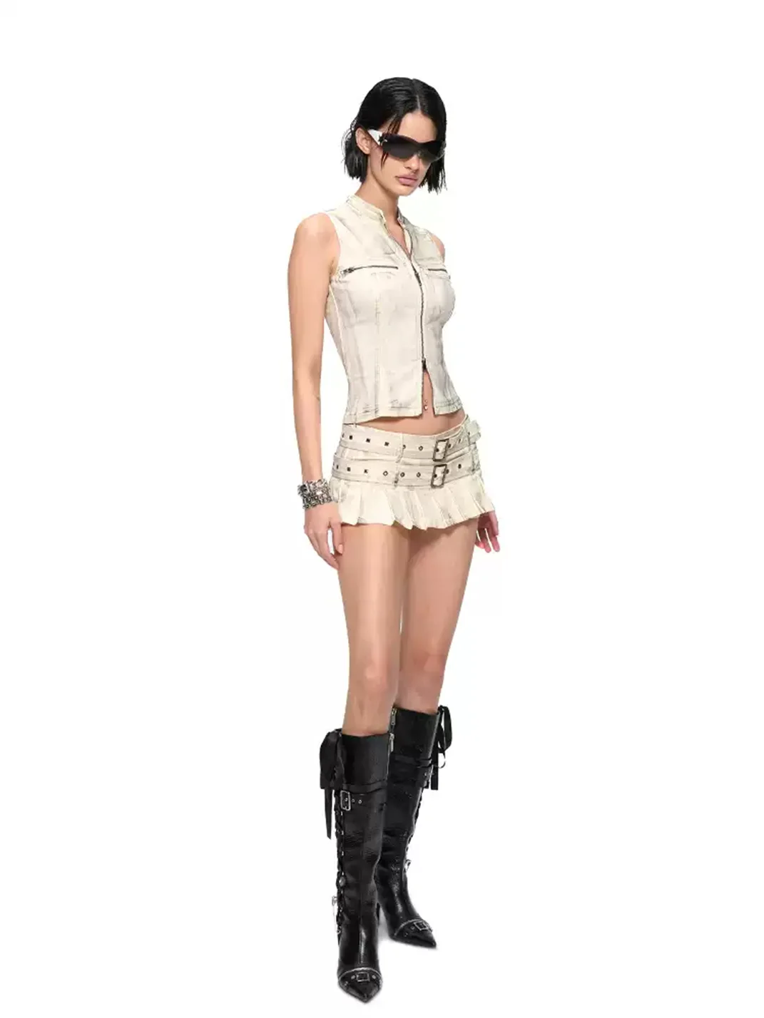 JYOSEI | Distressed Pleated Mini Skirt Vest Set