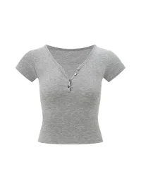 Anna aneae | Fitted Cropped V-Neck Henley T-Shirt