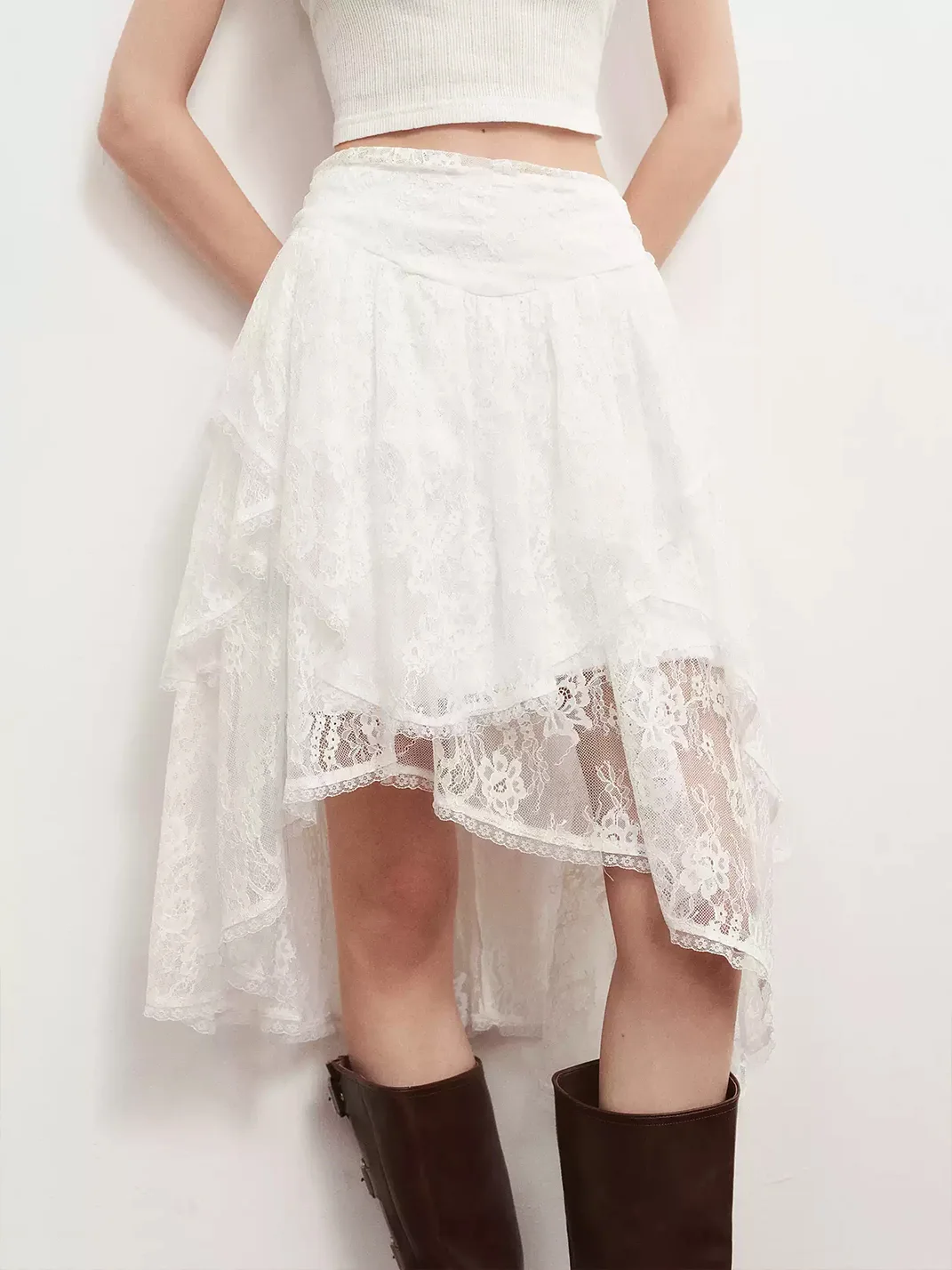 Ayo | Asymmetric Layered Lace Midi Skirt