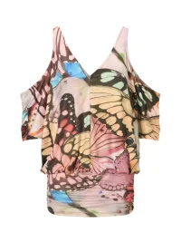 JYOSEI | Butterfly Print Off-Shoulder V-Neck Mini Dress