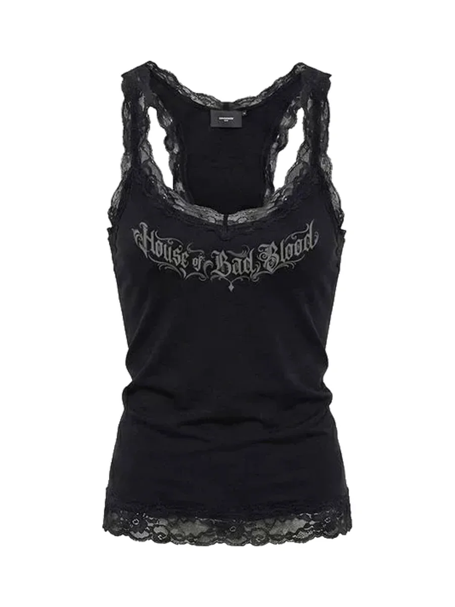 Koreansmallshops | Lace Trim Racerback Graphic Tank Top - 3