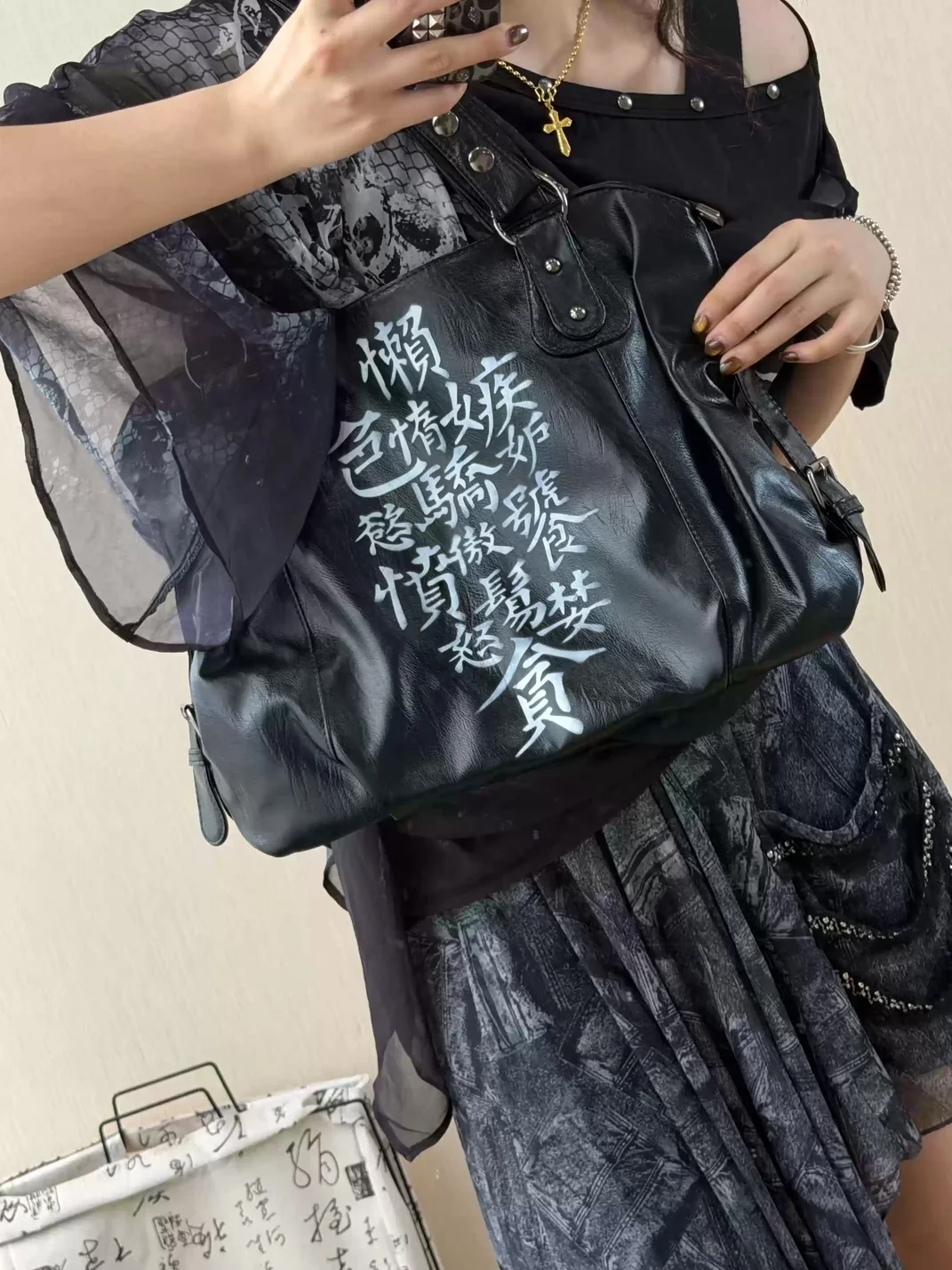 SWED | Punk Vintage Printed Black Handbag