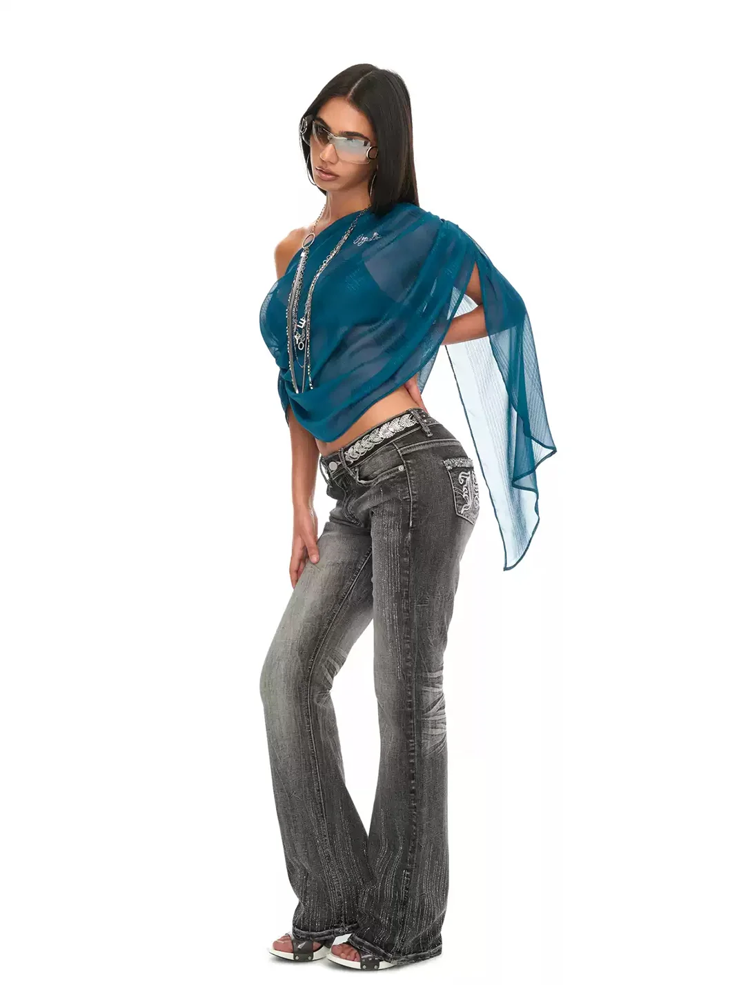 JYOSEI | Ruched Off-Shoulder Sheer Chiffon Top