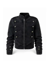 KARMANISTIC | Retro Washed Black Stand Collar Denim Jacket