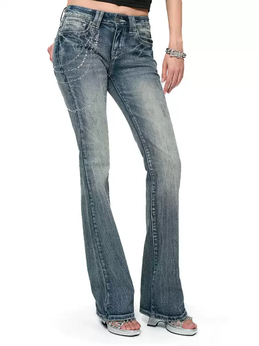JYOSEI | Low Rise Rhinestone Flared Jeans