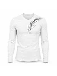 KARMANISTIC | Retro Script Print Slim V-Neck Long-Sleeve T-Shirt