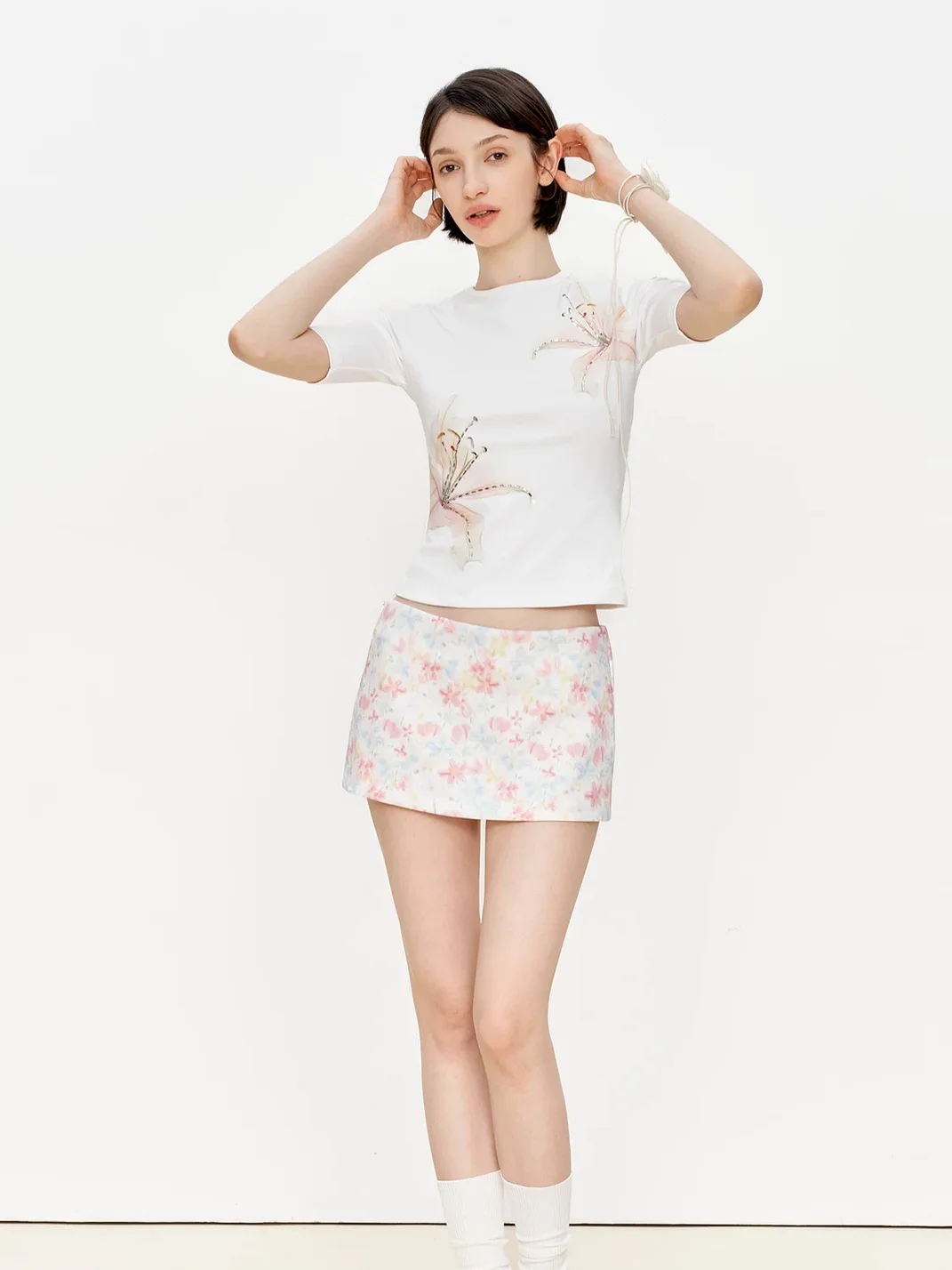 Ayo | Beaded Watercolor Floral Low-Rise A-Line Mini Skirt