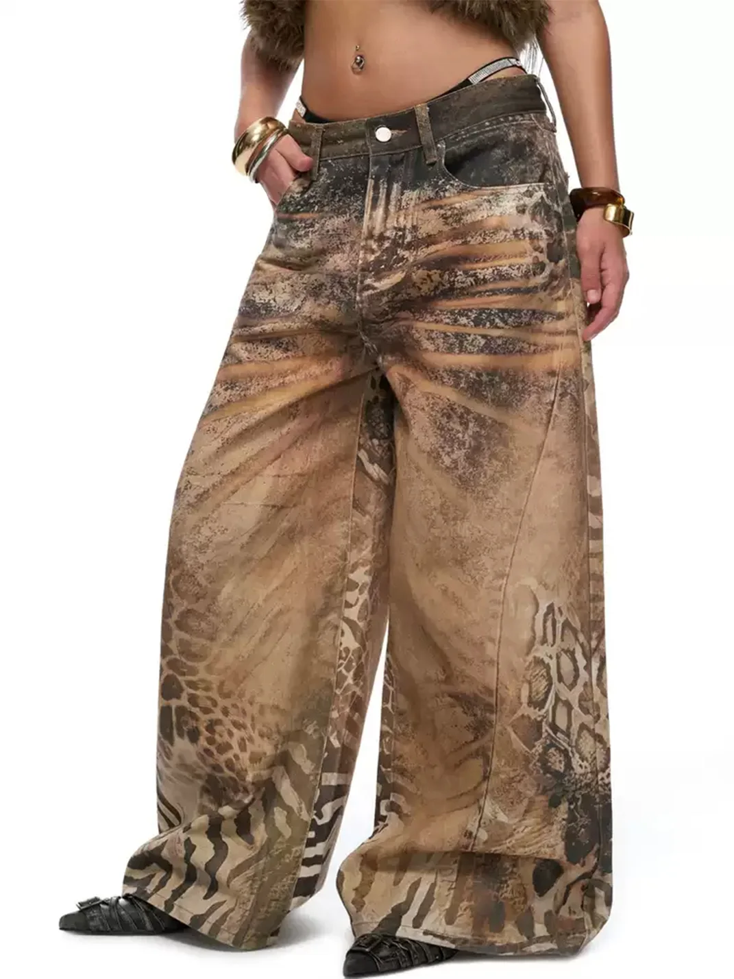 JYOSEI | Brown Animal Print Low-Rise Wide-Leg Jeans